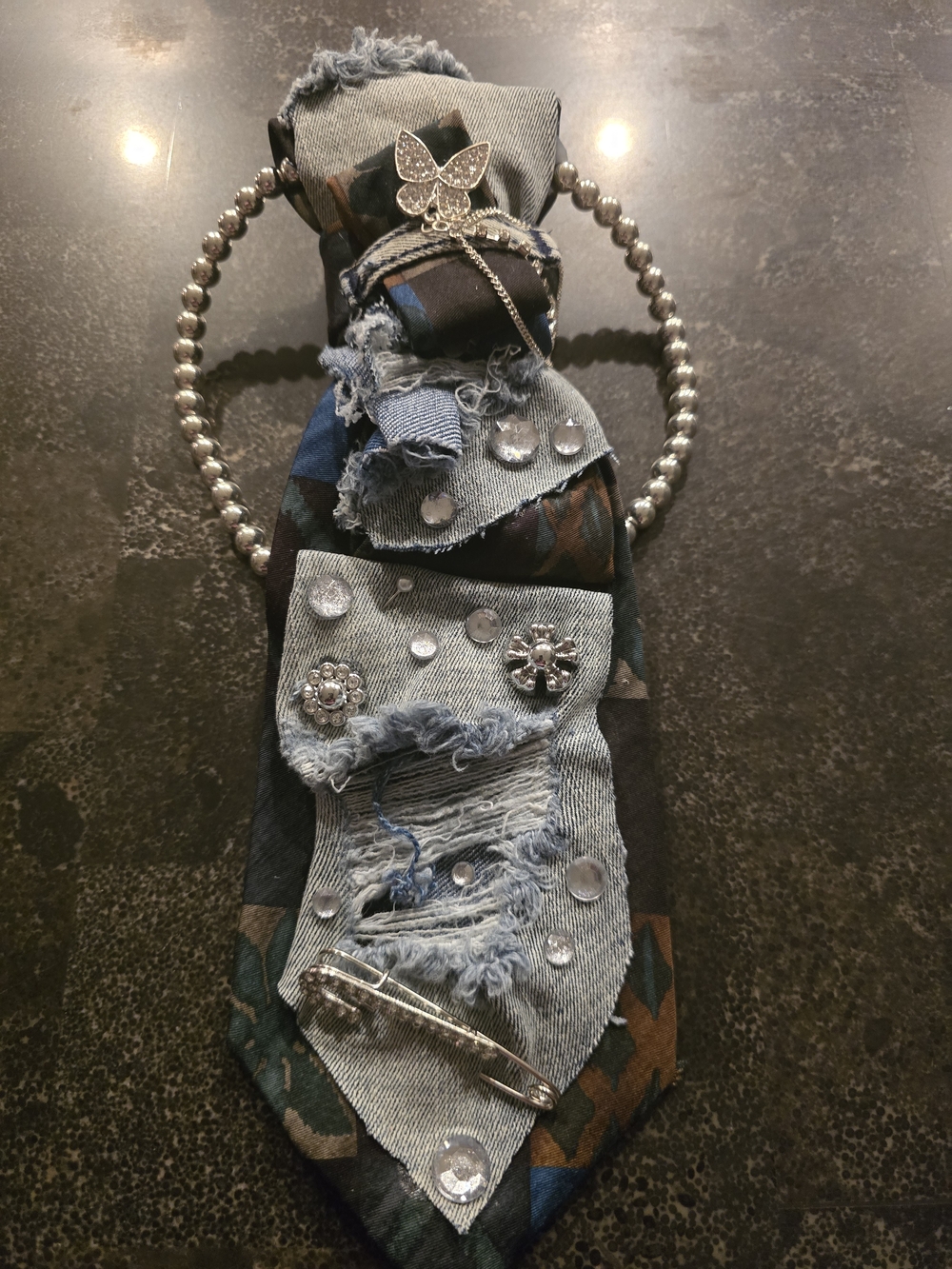 Handcrafted Embellished Denim & Paisley Fabric NeckTie with Rhinestone Accents